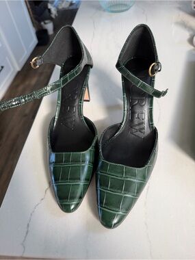J. Crew Dark Green Croc-Embossed Ankle-Strap Pumps